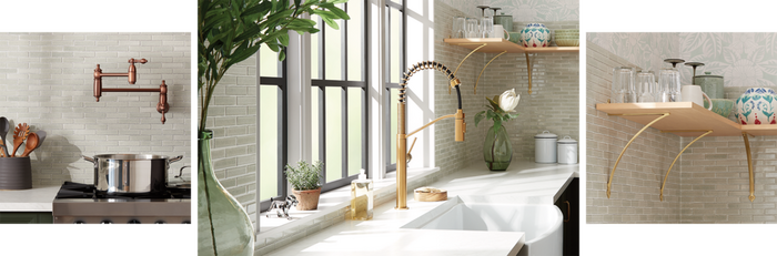 Eiler Kitchen Faucet - Brushed Gold, Keeton Shelf Bracket - Satin Brass, Augusta Wall-Mount Pot Filler - Antique Copper